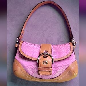 Coach Pink and Tan Soho C Monogram Purse with Elegant Silver Buckle